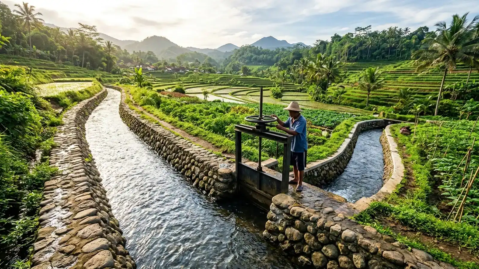 Saluran irigasi pertanian presisi mengairi persawahan hijau subur di Agritani